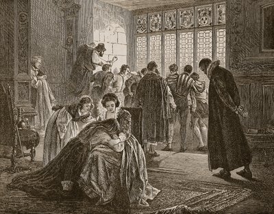 Engelska ambassaden under massakern av St. Bartholomew, illustration från 