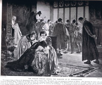 Den engelska ambassaden under massakern i St Bartholomew, illustration från Hutchinson