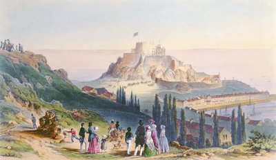 Hennes Majestäts ankomst till berget Orgueil, 3 september 1846, från besöket av drottning Victoria i Jersey, graverad av H. Walter, 1847 av Philip John Ouless