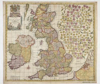 En ny karta över England, Skottland och Irland, ca 1690 (färgad gravyr) av Philip Lea