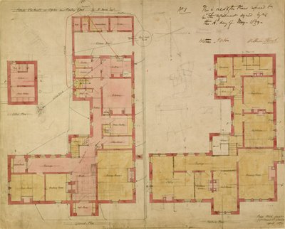 Planer för Röda huset, Bexley Heath, 1859 (penna och bläck och wc på papper) av Philip Webb