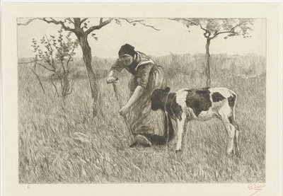 Grävande bondhustru med kalv Le veau (originaltitel) av Philip Zilcken (signed by artist)