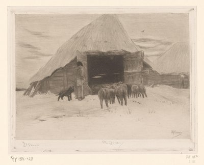 Shepherd leder en flock får in i en lada Grange dans la neige (originaltitel) av Philip Zilcken (signed by artist)