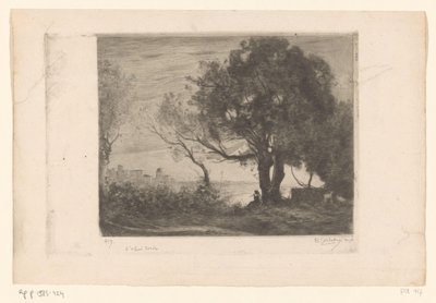Landskap med en flöjtspelare under ett träd och en siluett av en stad Soir (originaltitel) av Philip Zilcken (signed by artist)
