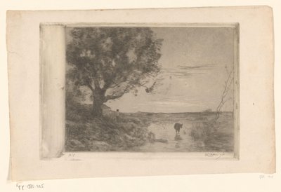 Landskap med en kalv i vattnet och en man under ett träd Soir (originaltitel) av Philip Zilcken (signed by artist)