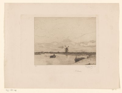 Segling med en roddbåt i ett ängslandskap med en väderkvarn Paysage (originaltitel) av Philip Zilcken (signed by artist)
