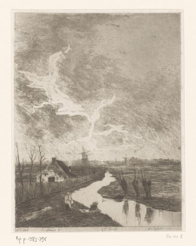 Ängslandskap med dike, gård och kvarnar Environs de La Haye (originaltitel) av Philip Zilcken (signed by artist)