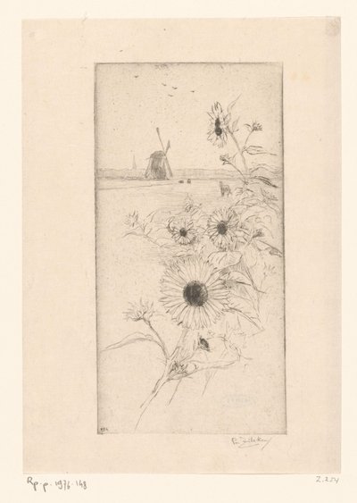 Solrosor för ett ängslandskap med hästar och kvarn Eutude de tournesols (originaltitel) av Philip Zilcken (signed by artist)