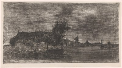 Landskap med hus och kvarn på vattnet Delftshaven (originaltitel) av Philip Zilcken