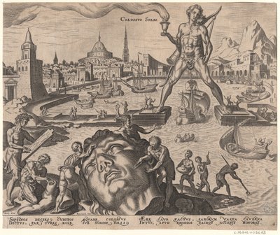 The Colossus of Rhodes från serien Världens åttonde underverk efter Maarten van Heemskerck, 1572 av Philipp Galle