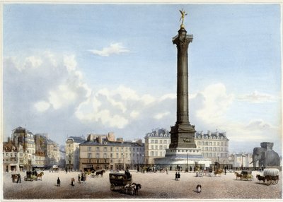 Column de Juillet à la Bastille - i "" En promenad i Paris och dess omgivningar ", designad av Jacottet och Benoist, ca. 1840 av Philippe Benoist