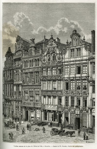 Gamla hus på stadshustorget i Bryssel. Gravyr av Ph. Benoist, för att illustrera historien om Belgien av Camille Lemonnier, publicerad i tour du monde, under ledning av Edouard Charton (1807-1890), Paris av Philippe Benoist