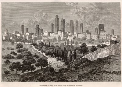 Utsikt över San Gimignano (Toscana, Italien). Gravyr efter ritning av Ph. Benoist, för att illustrera Francis Weys resa till Toscana och Umbrien 1875, publicerad i "Le tour du monde" 1876, redigerad av Edouard Charton, Hachette edition, Paris. Selva av Philippe Benoist