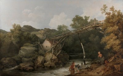 En vy nära Matlock, Derbyshire med figurer som arbetar under en trätransportör av Philippe Jacques de Loutherbourg
