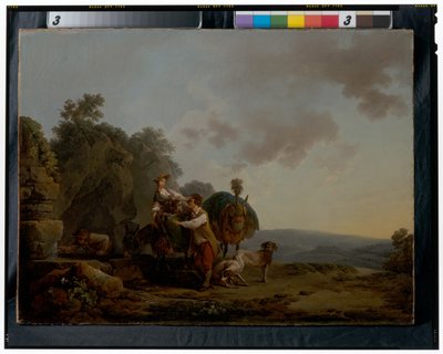 Resenärer med hundar och tungt lastade mulor vid en brunn av Philippe Jacques de Loutherbourg