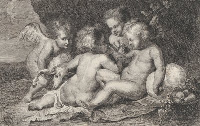 En grupp på tre barn och en putto med frukt och ett lamm, ca. 1760-1801. av Philippe Lambert Joseph Spruyt