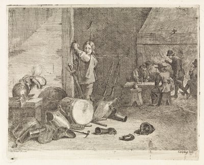 Interiör med pojke med trumma och rustning av Philippe Lambert Joseph Spruyt