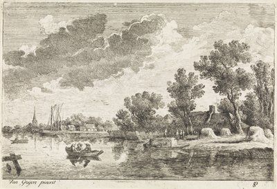 Flodlandskap med roddbåt av Philippe Lambert Joseph Spruyt
