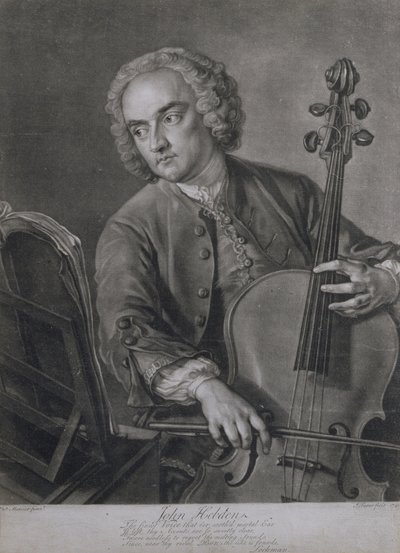 Porträtt av John Hebden (fl.1740-60), en cellist i Händels orkester, graverad av John Faber (1684-1756), 1741 av Philippe Mercier