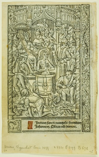 The Martyrdom of Saint John the Evangelist (recto) och December Calendar (verso), från Book of Hours av Philippe Pigouchet