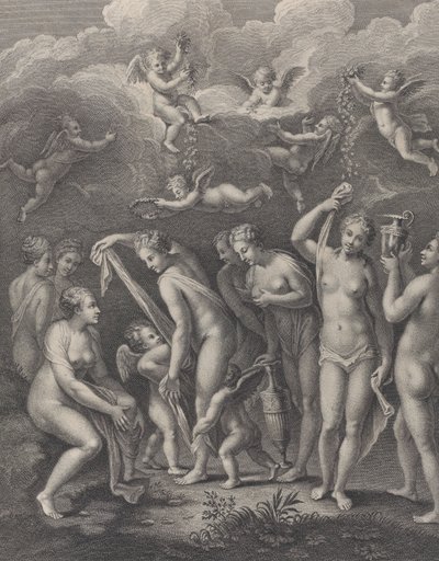 Hera, Afrodite och Athena förbereder sig för skönhetstävlingen före P..., ca. 1729-40. av Philippe Simonneau