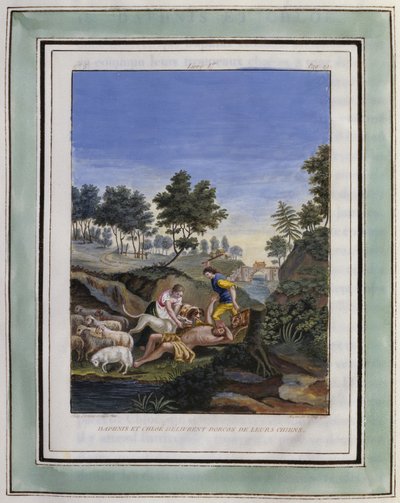 Daphnis och Chloe befriar Dorcon från sina hundar. Teckning av Philippe d
