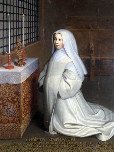 Porträtt av Marguerite Périer, intern i klostret Port Royal des Champs (Port-Royal-des-Champs) och systerdotter till Pascal ("" Till Kristus Frälsaren: Marguerite Périer, en 10-årig flicka vars vänstra öga läktes i kontakt med den uppiggande taggen”) - O av Philippe de (attr. to) Champaigne