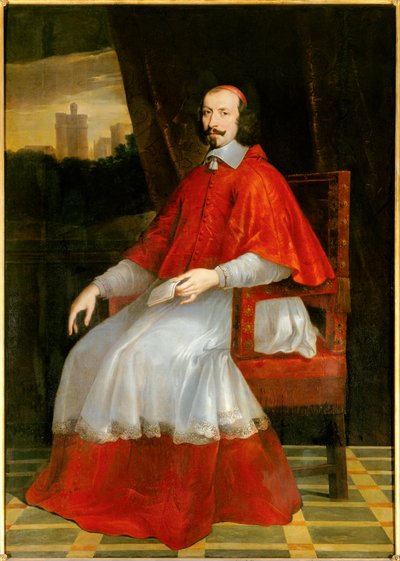 Porträtt till fots av kardinal Jules Mazarin (Giulio Raimondo Mazzarino eller Mazarino) (1602-1661) Kardinalen sitter bakom honom med utsikt över Chateau de Vincennes. Målning av Philippe de Champaigne (1602-1674). Sön 2.05 X 1.44 m. Chantilly, grevemuseet av Philippe de Champaigne