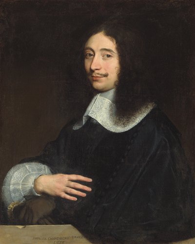 Porträtt av en gentleman, traditionellt identifierad som Noël de Bullion, halvlångt, i svart med spetskrage och ärm, hans handskar i vänster hand, 1656 av Philippe de Champaigne