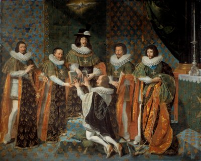 Mottagning av Ludvig XIII (1601-1643) av Henri II av Orleans, hertig av Longueville och Estouville, suverän prins av Neufchatel (1595-1663) Riddare av den Helige Andes Orden 1633-05-15 Ludvig XIII omges av Claude Bartillier , Storkassör i t av Philippe de Champaigne