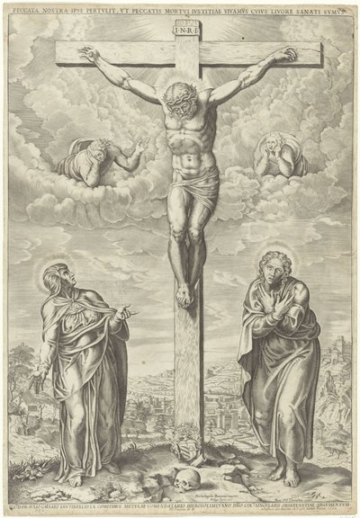 Kristus på korset flankerad av Maria och Johannes i ett landskap av Philippe de Soye