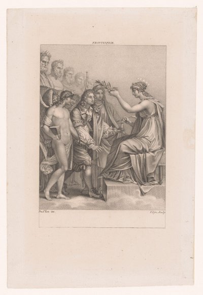 Apoteos av Jean Racine Hans geni och Melpomene leder honom till odödlighet av Philippus Velijn