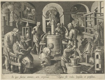 Destillering Destillation (titel på objekt) Nya uppfinningar och upptäckter (serietitel) Nova Reperta (serietitel) av Philips Galle (attributed to workshop of)