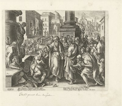 Paulus botar en krympling i Lystra Apostlarnas handlingar (serietitel) Acta Apostolorum (serietitel) av Philips Galle (possibly)