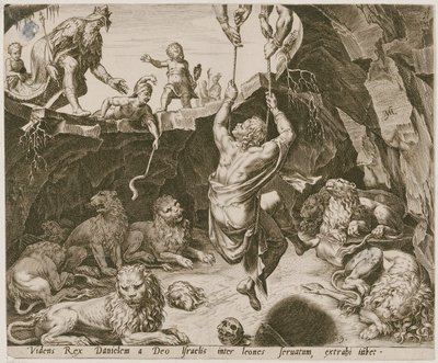 Daniel befrias ur lejongropen, blad 9 ur serien "Berättelsen om Daniel, Bel och draken" av Philips Galle