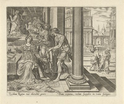 Ester får höra av sina pigor att Mordokai bär sorgekläder History of Esther (serietitel) av Philips Galle