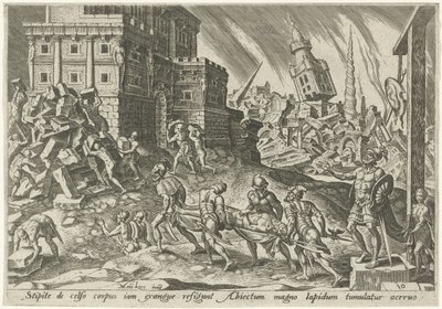 Kroppen av kungen av Ai förs till stadsporten The Days of Doom of the Jewish People (serietitel) av Philips Galle