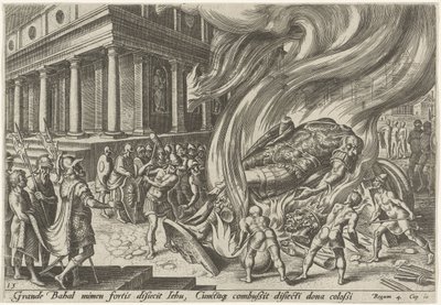 Jehu förstör templet och Baals bild The Days of Doom of the Jewish People (serietitel) av Philips Galle