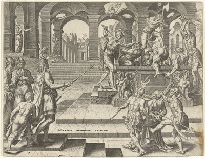 Kung Josia beordrar dödandet av prästerna i templen i Samaria Kung Josias historia (serietitel) av Philips Galle