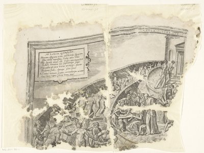 Det övre vänstra hörnet av ett tryck av scenen av Cebes Tabula Cebetis Carta Vitae (titel på objekt) av Philips Galle