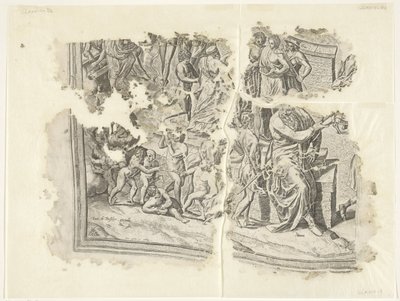 Nedre vänstra hörnet av ett tryck av scenen av Cebes Tabula Cebetis Carta Vitae (originaltitel) av Philips Galle