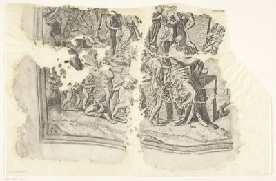 Nedre vänstra hörnet av ett tryck av Cebes-scenen Tabula Cebetis Carta Vitae (originaltitel) av Philips Galle