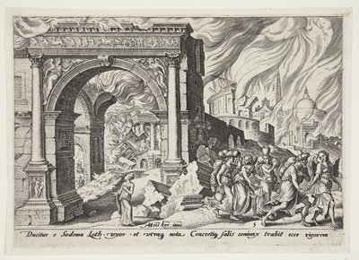 Lot och hans familj lämnar det brinnande Sodom av Philips Galle