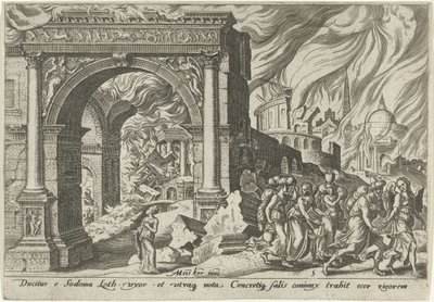 Loth och hans familj lämnar staden Sodom The Days of Doom of the Jewish People (serietitel) av Philips Galle