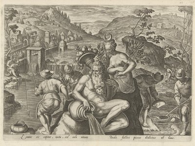 Nachtelijk vissen met een hengel Jachttaferelen (serietitel) Där alla typer av jakt, fågelfågel och fiske (serietitel) av Philips Galle