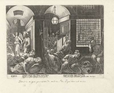 Petrus släpps ur fängelset av ängeln Apostlarnas handlingar (serietitel) Acta Apostolorum (serietitel) av Philips Galle