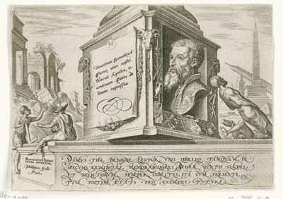 Porträtt av Maarten van Heemskerck på sockeln av en kolumn The Days of Doom of the Jewish People (serietitel) av Philips Galle