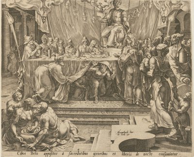 Bels präster äter och dricker i templet, blad 4, och Daniel matar draken, blad 7, blad 4 och 7 ur serien "Berättelsen om Daniel, Bel och draken" av Philips Galle