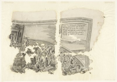 Övre högra hörnet av ett tryck av scenen av Cebes Tabula Cebetis Carta Vitae (titel på objekt) av Philips Galle