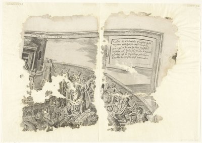 Övre högra hörnet av ett tryck av scenen av Cebes Tabula Cebetis Carta Vitae (titel på objekt) av Philips Galle